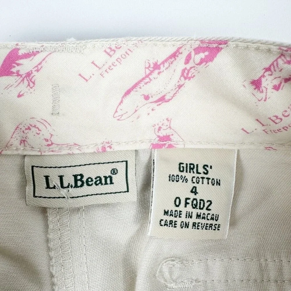 LL Bean Bermuda Shorts Girls Size 4‎ Khaki Raccoon Embroidered Cotton Twill NWT